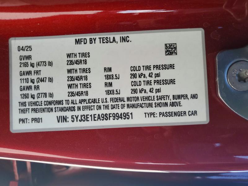 Продажа на аукционе авто 2025 Tesla Model 3, vin: 5YJ3E1EA9SF994951, номер лота: 54833266