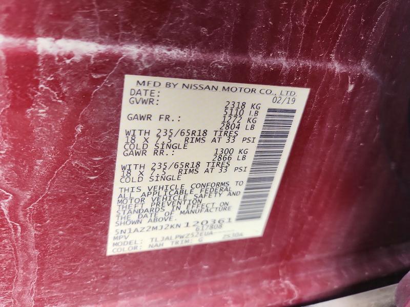 2019 Nissan Murano მანქანა იყიდება აუქციონზე, vin: 5N1AZ2MJ2KN120361, აუქციონის ნომერი: 54494406