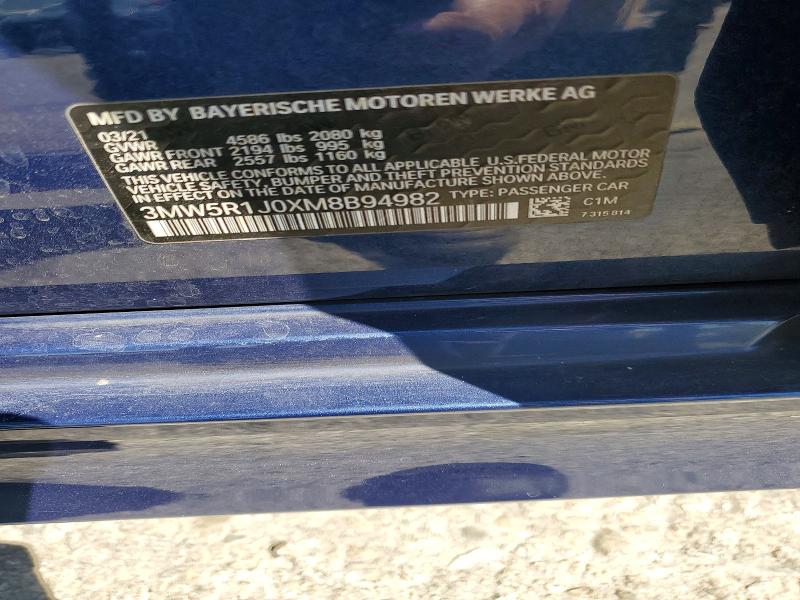 2021 Bmw 330i მანქანა იყიდება აუქციონზე, vin: 3MW5R1J0XM8B94982, აუქციონის ნომერი: 54263726