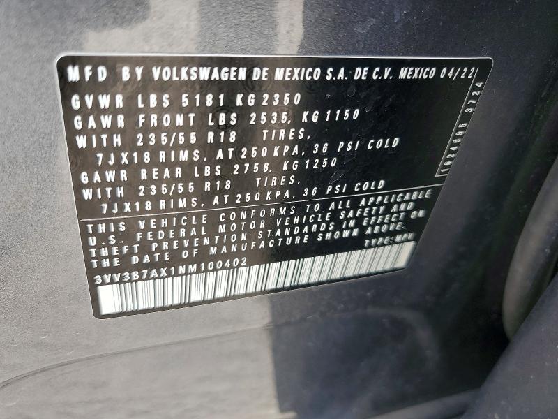 2022 Volkswagen Tiguan მანქანა იყიდება აუქციონზე, vin: 3VV3B7AX1NM100402, აუქციონის ნომერი: 51918676