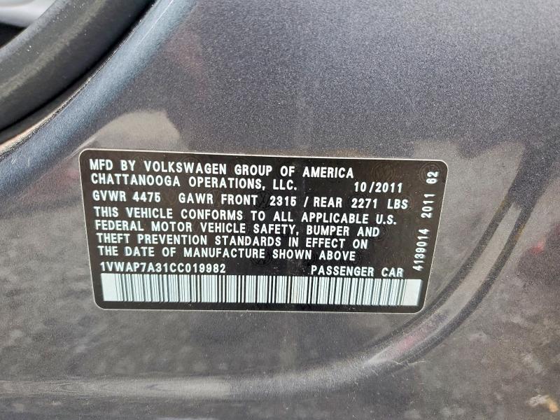 Aukcja sprzedaży 2012 Volkswagen Passat, vin: 1VWAP7A31CC019982, numer aukcji: 55596446