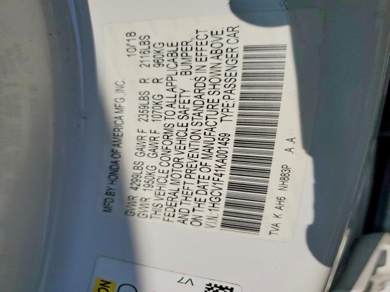 53943816 :رقم المزاد ، 1HGCV1F41KA001459 vin ، 2019 Honda Accord مزاد بيع