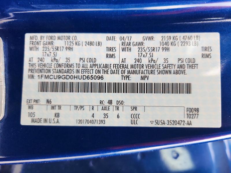 2017 Ford Escape მანქანა იყიდება აუქციონზე, vin: 1FMCU9GD0HUD65096, აუქციონის ნომერი: 54658846