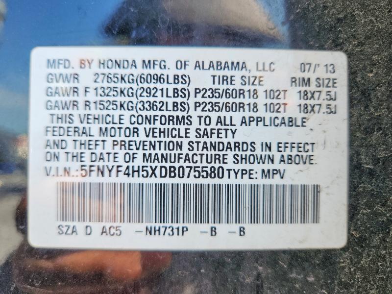 Aukcja sprzedaży 2013 Honda Pilot, vin: 5FNYF4H5XDB075580, numer aukcji: 53581516