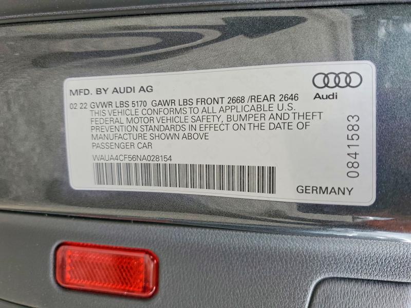 54552046 :رقم المزاد ، WAUA4CF56NA028154 vin ، 2022 Audi S5 مزاد بيع