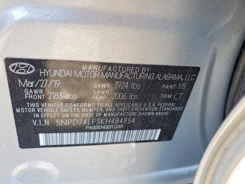 2019 Hyundai Elantra მანქანა იყიდება აუქციონზე, vin: 5NPD74LF3KH484854, აუქციონის ნომერი: 53382106