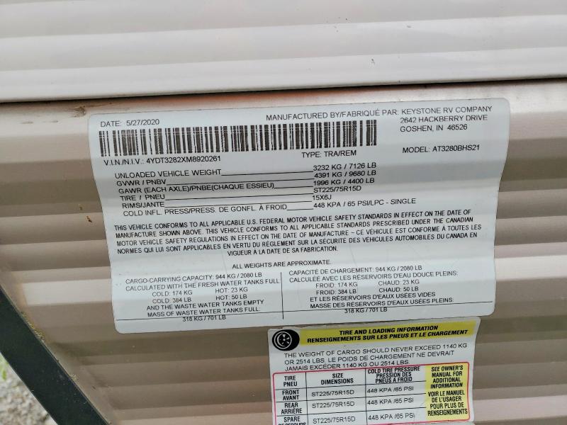 52125646 :رقم المزاد ، 4YDT3282XM8920261 vin ، 2021 Keystone Unknown مزاد بيع