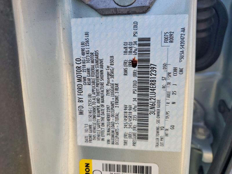 2014 Lincoln Mkz მანქანა იყიდება აუქციონზე, vin: 3LN6L2LU4ER812397, აუქციონის ნომერი: 54993366