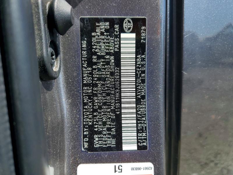2018 Toyota Camry მანქანა იყიდება აუქციონზე, vin: 4T1B11HK9JU626332, აუქციონის ნომერი: 52433226