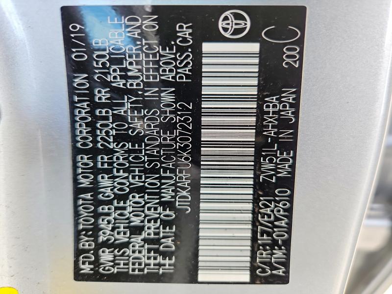 53429456 :رقم المزاد ، JTDKARFU6K3072312 vin ، 2019 Toyota Prius مزاد بيع