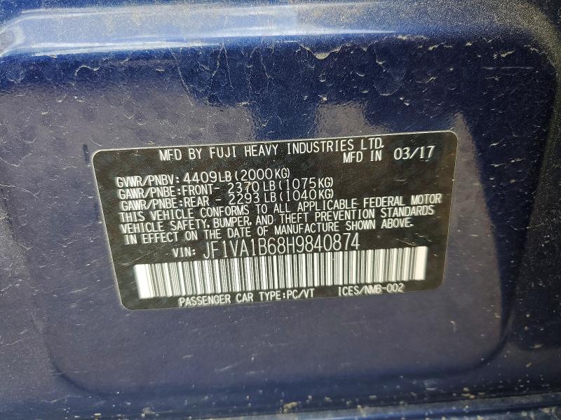 2017 Subaru Wrx მანქანა იყიდება აუქციონზე, vin: JF1VA1B68H9840874, აუქციონის ნომერი: 53642956