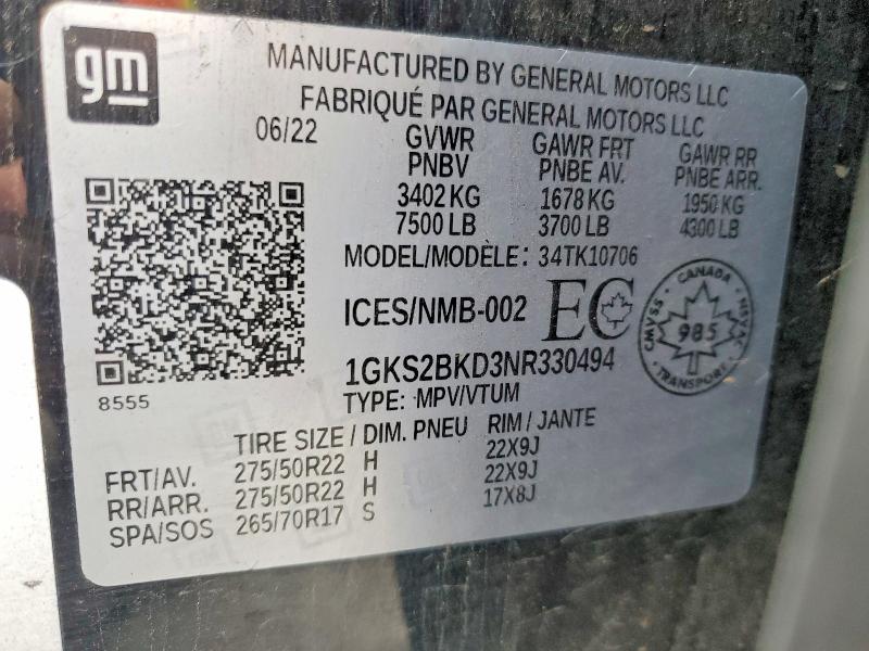 51552186 :رقم المزاد ، 1GKS2BKD3NR330494 vin ، 2022 Gmc Yukon مزاد بيع
