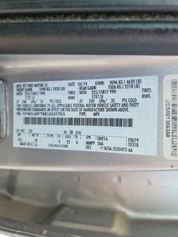 54079996 :رقم المزاد ، 1FMCU0F78EUD31703 vin ، 2014 Ford Escape مزاد بيع