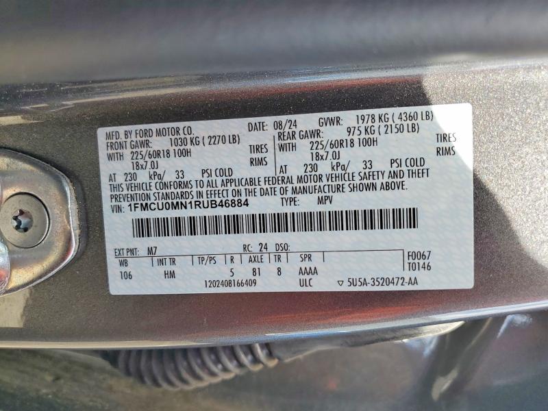2024 Ford Escape მანქანა იყიდება აუქციონზე, vin: 1FMCU0MN1RUB46884, აუქციონის ნომერი: 54494456