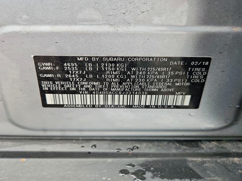 2018 Subaru Outback მანქანა იყიდება აუქციონზე, vin: 4S4BSACC8J3314036, აუქციონის ნომერი: 52732566