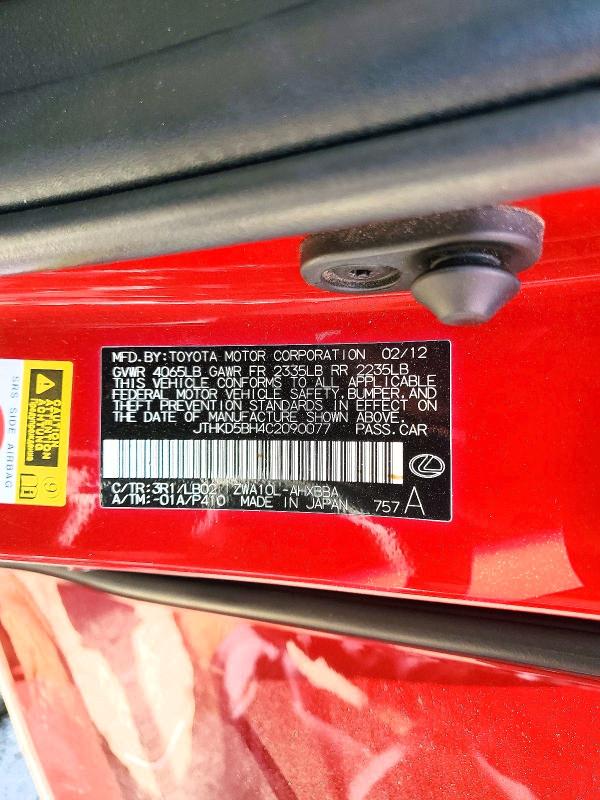 53976486 :رقم المزاد ، JTHKD5BH4C2090077 vin ، 2012 Lexus Ct مزاد بيع