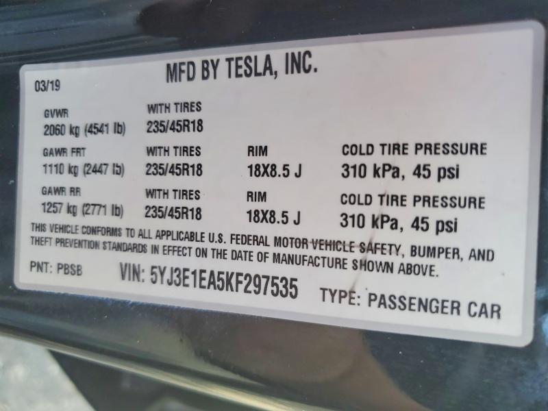 2019 Tesla Model 3 მანქანა იყიდება აუქციონზე, vin: 5YJ3E1EA5KF297535, აუქციონის ნომერი: 54845866