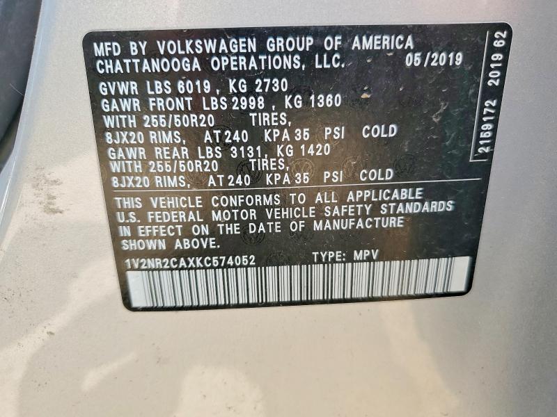 Продажа на аукционе авто 2019 Volkswagen Atlas, vin: 1V2NR2CAXKC574052, номер лота: 54721946