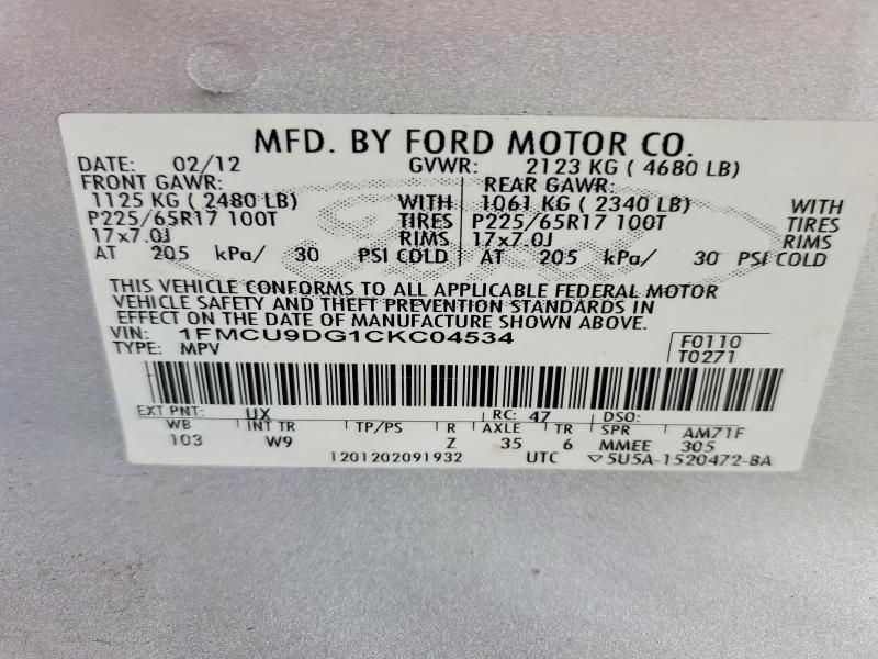 Aukcja sprzedaży 2012 Ford Escape, vin: 1FMCU9DG1CKC04534, numer aukcji: 54672836