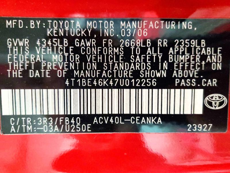 Aukcja sprzedaży 2007 Toyota Camry, vin: 4T1BE46K47U012256, numer aukcji: 51957626