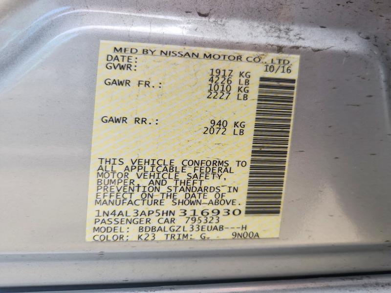 2017 Nissan Altima მანქანა იყიდება აუქციონზე, vin: 1N4AL3AP5HN316930, აუქციონის ნომერი: 55158296
