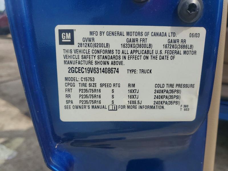 2003 Chevrolet Silverado მანქანა იყიდება აუქციონზე, vin: 2GCEC19V631408674, აუქციონის ნომერი: 55353986