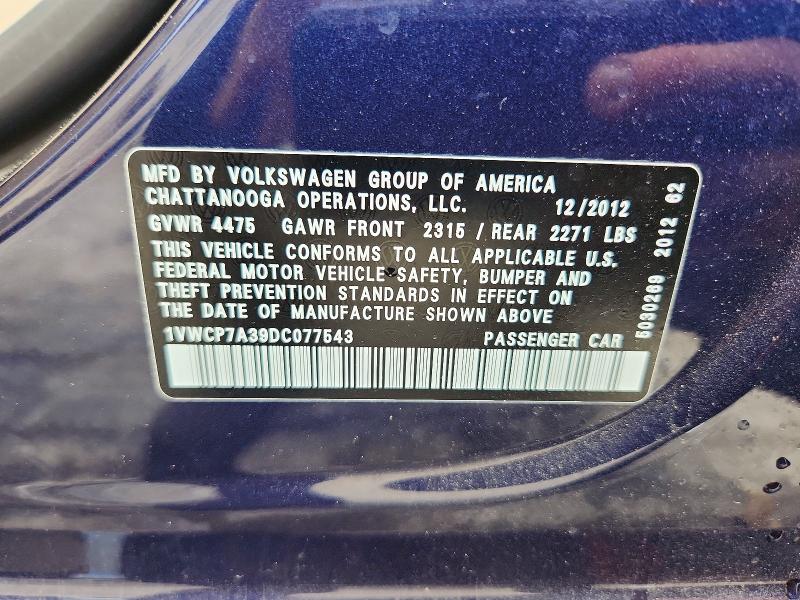 Продаж на аукціоні авто 2013 Volkswagen Passat, vin: 1VWCP7A39DC077543, номер лоту: 54879056