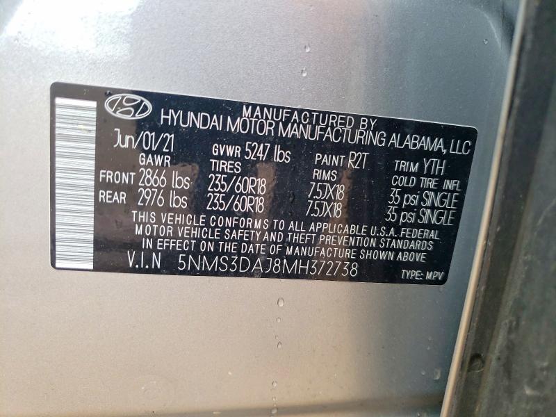 52567186 :رقم المزاد ، 5NMS3DAJ8MH372738 vin ، 2021 Hyundai Santa Fe مزاد بيع