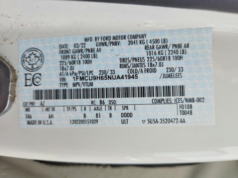 2022 Ford Escape მანქანა იყიდება აუქციონზე, vin: 1FMCU9H65NUA41945, აუქციონის ნომერი: 53637656