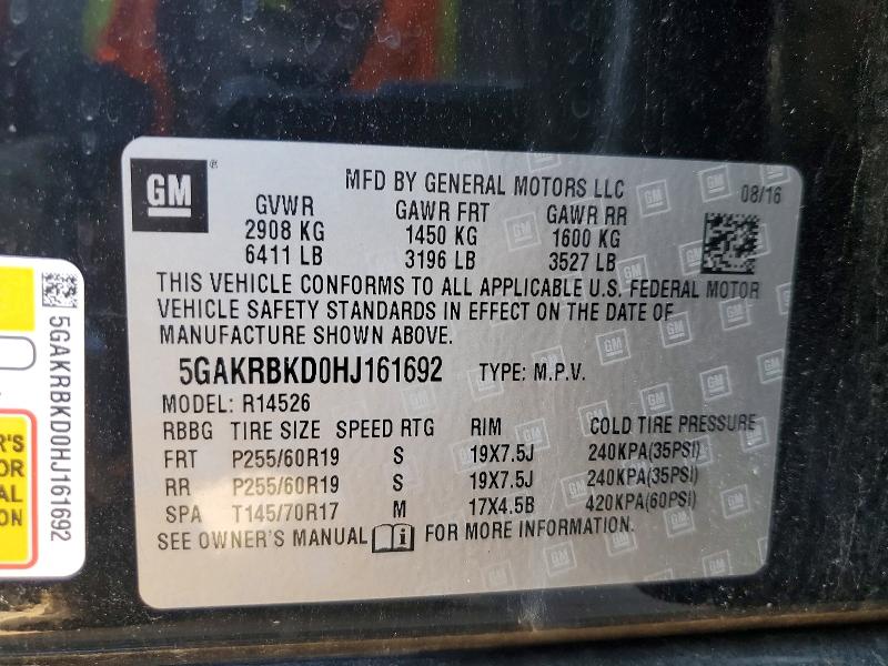 53453106 :رقم المزاد ، 5GAKRBKD0HJ161692 vin ، 2017 Buick Enclave مزاد بيع