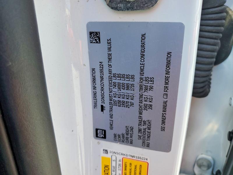 53881026 :رقم المزاد ، 1GNSCRKD7NR155224 vin ، 2022 Chevrolet Tahoe مزاد بيع
