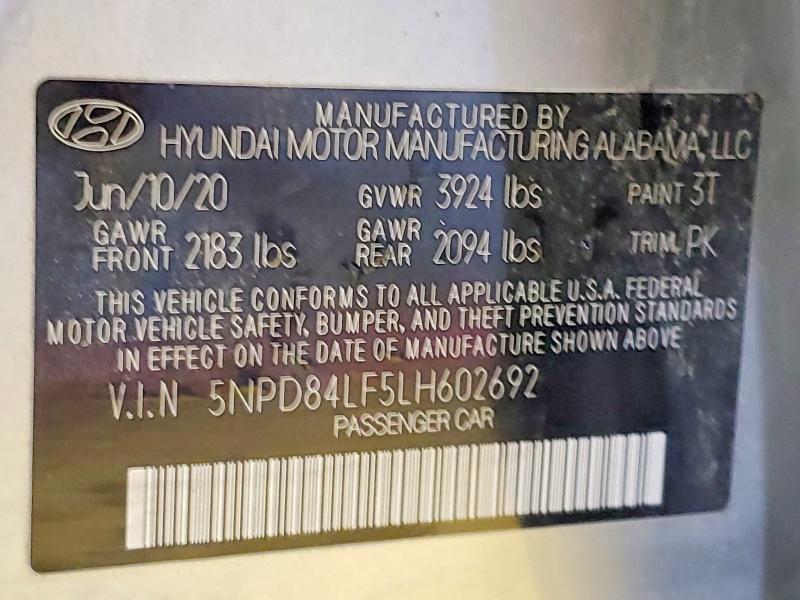 53556306 :رقم المزاد ، 5NPD84LF5LH602692 vin ، 2020 Hyundai Elantra مزاد بيع