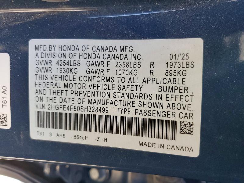 2025 Honda Civic მანქანა იყიდება აუქციონზე, vin: 2HGFE4F80SH328499, აუქციონის ნომერი: 52258276