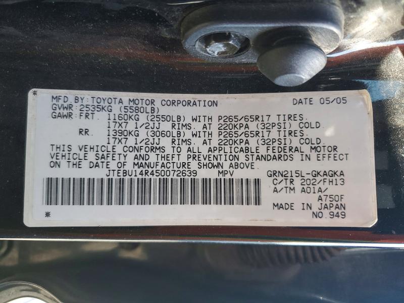 2005 Toyota 4runner მანქანა იყიდება აუქციონზე, vin: JTEBU14R450072639, აუქციონის ნომერი: 54989376