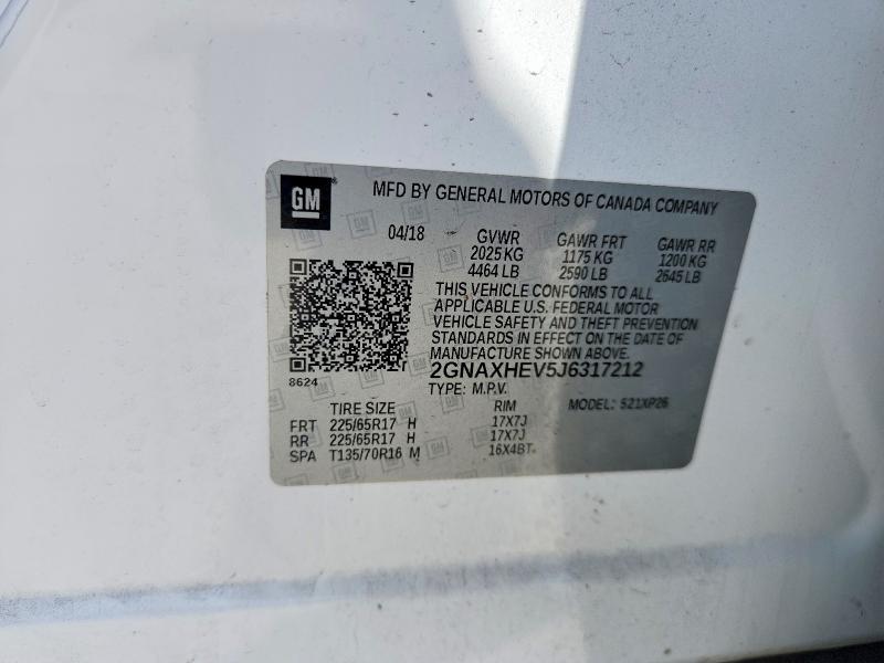 2018 Chevrolet Equinox მანქანა იყიდება აუქციონზე, vin: 2GNAXHEV5J6317212, აუქციონის ნომერი: 52459036