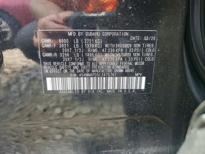 52879456 :رقم المزاد ، 4S4WMAPD5L3475767 vin ، 2020 Subaru Ascent مزاد بيع