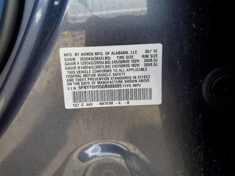 55455266 :رقم المزاد ، 5FNYF6H95GB088885 vin ، 2016 Honda Pilot مزاد بيع