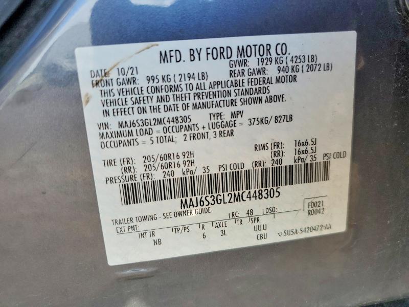 2021 Ford Ecosport მანქანა იყიდება აუქციონზე, vin: MAJ6S3GL2MC448305, აუქციონის ნომერი: 54327256