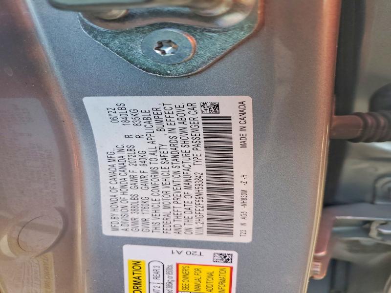Продаж на аукціоні авто 2022 Honda Civic, vin: 2HGFE2F59NH593842, номер лоту: 53624486