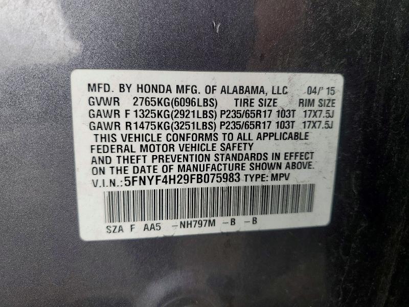 Aukcja sprzedaży 2015 Honda Pilot, vin: 5FNYF4H29FB075983, numer aukcji: 54680146