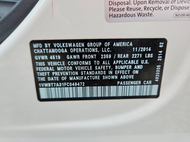 2015 Volkswagen Passat მანქანა იყიდება აუქციონზე, vin: 1VWBT7A31FC049472, აუქციონის ნომერი: 55057626