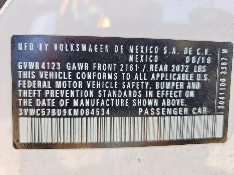 2019 Volkswagen Jetta მანქანა იყიდება აუქციონზე, vin: 3VWC57BU9KM084534, აუქციონის ნომერი: 54709086