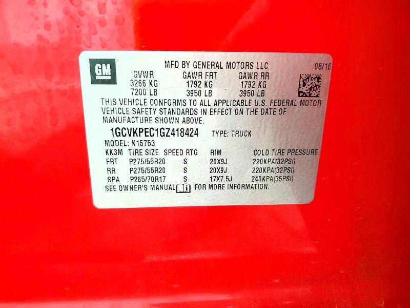53942426 :رقم المزاد ، 1GCVKPEC1GZ418424 vin ، 2016 Chevrolet Silverado مزاد بيع