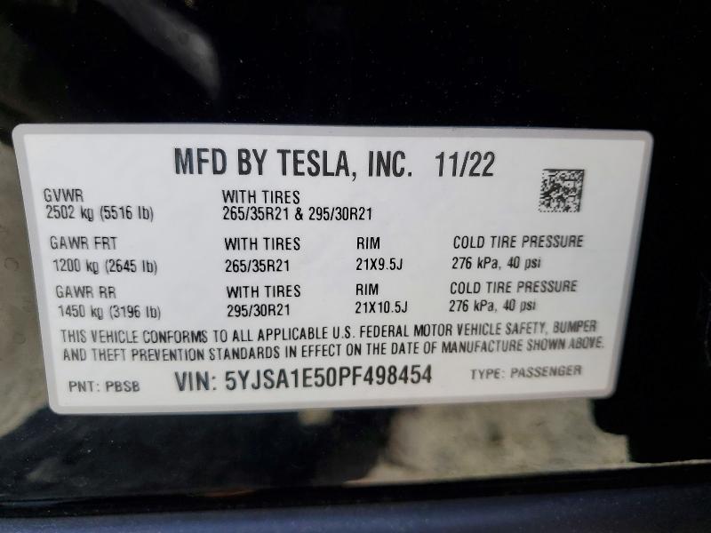 Продаж на аукціоні авто 2023 Tesla Model S, vin: 5YJSA1E50PF498454, номер лоту: 51905286