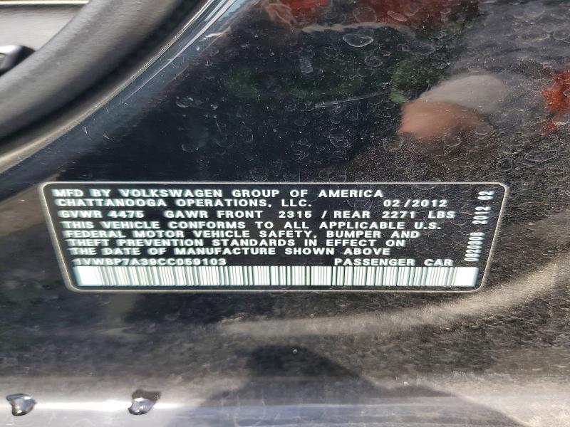 Aukcja sprzedaży 2012 Volkswagen Passat, vin: 1VWBP7A39CC059103, numer aukcji: 51211056