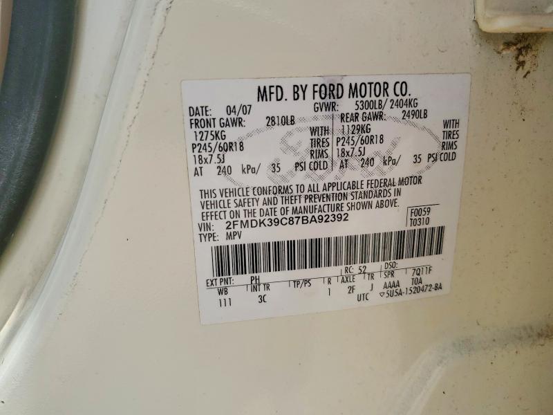 2007 Ford Edge მანქანა იყიდება აუქციონზე, vin: 2FMDK39C87BA92392, აუქციონის ნომერი: 54088436