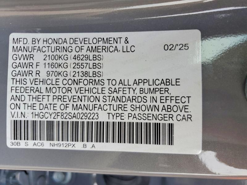 2025 Honda Accord მანქანა იყიდება აუქციონზე, vin: 1HGCY2F82SA029223, აუქციონის ნომერი: 55280946