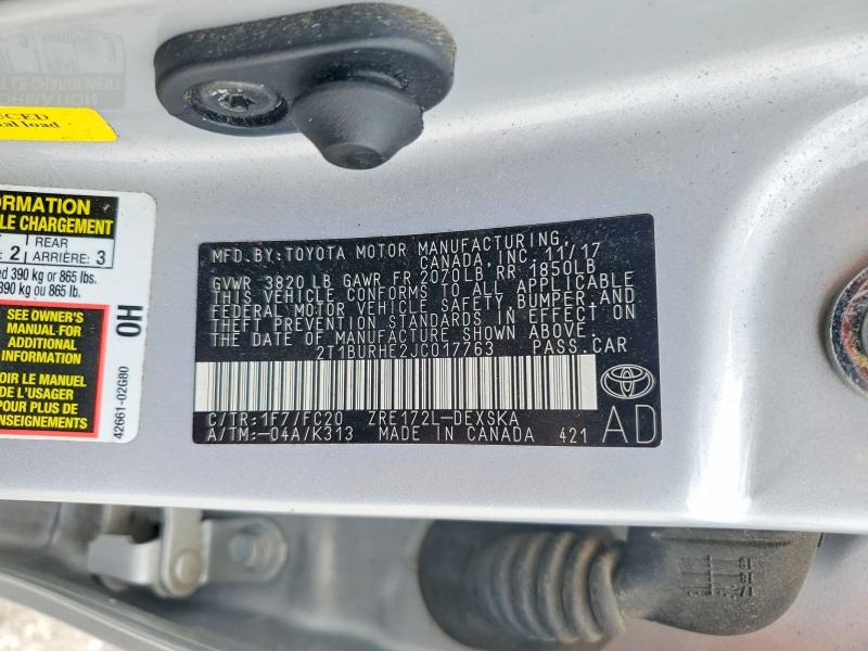 2018 Toyota Corolla მანქანა იყიდება აუქციონზე, vin: 2T1BURHE2JC017763, აუქციონის ნომერი: 53938376