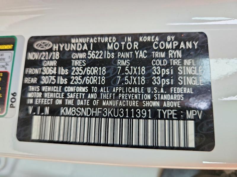 2019 Hyundai Santa Fe Xl მანქანა იყიდება აუქციონზე, vin: KM8SNDHF3KU311391, აუქციონის ნომერი: 52690156