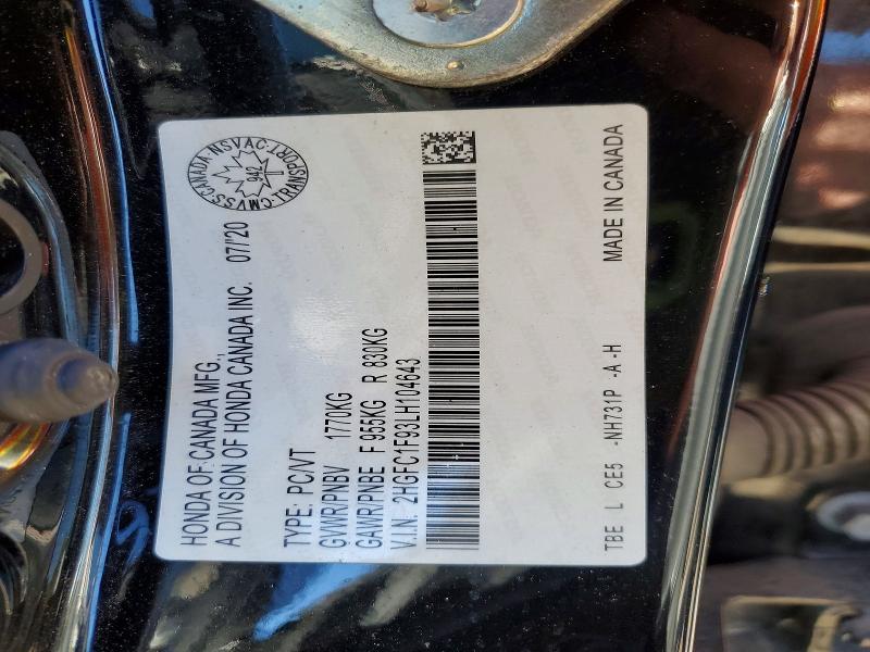 Продаж на аукціоні авто 2020 Honda Civic, vin: 2HGFC1F93LH104643, номер лоту: 54416356